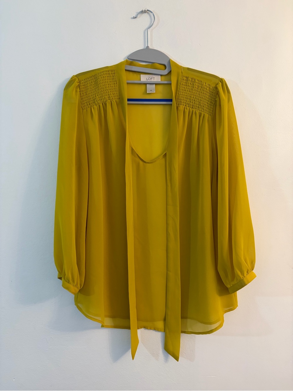 LOFT Mustard Tie-Neck Blouse with Smocked Shoulders